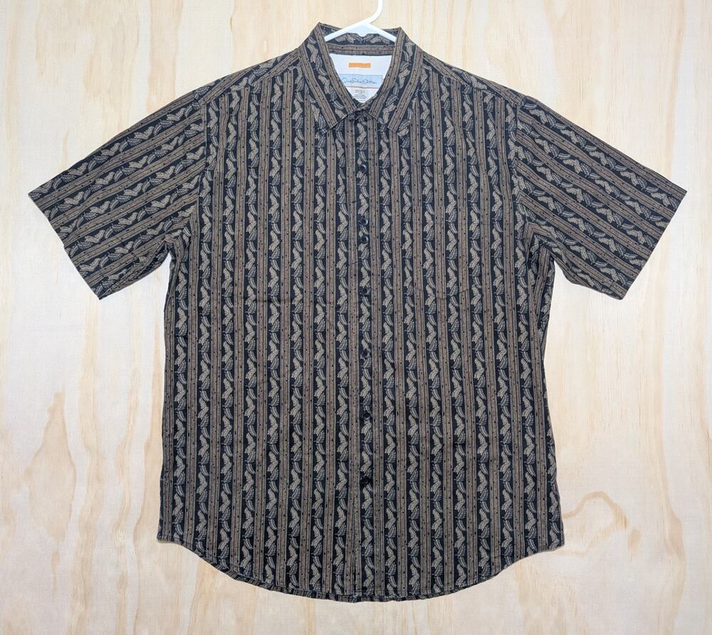 Quiksilver Edition Men's Large Shirt Brown Striped Leaf Print Button Up Cotton